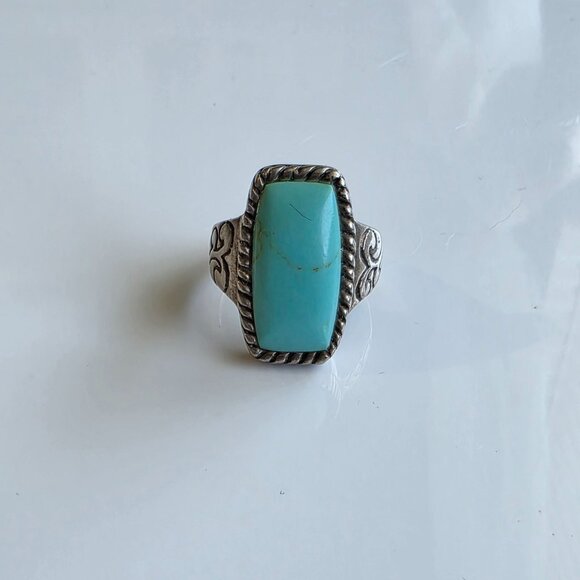Vintage Silver Turquoise Ring 8 Engrave Twisted Rope Southwestern Santa Fe 925 - Picture 2 of 8